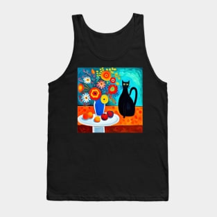 Still Life Painting with Black Cat and Flowers in a Blue Vase Tank Top